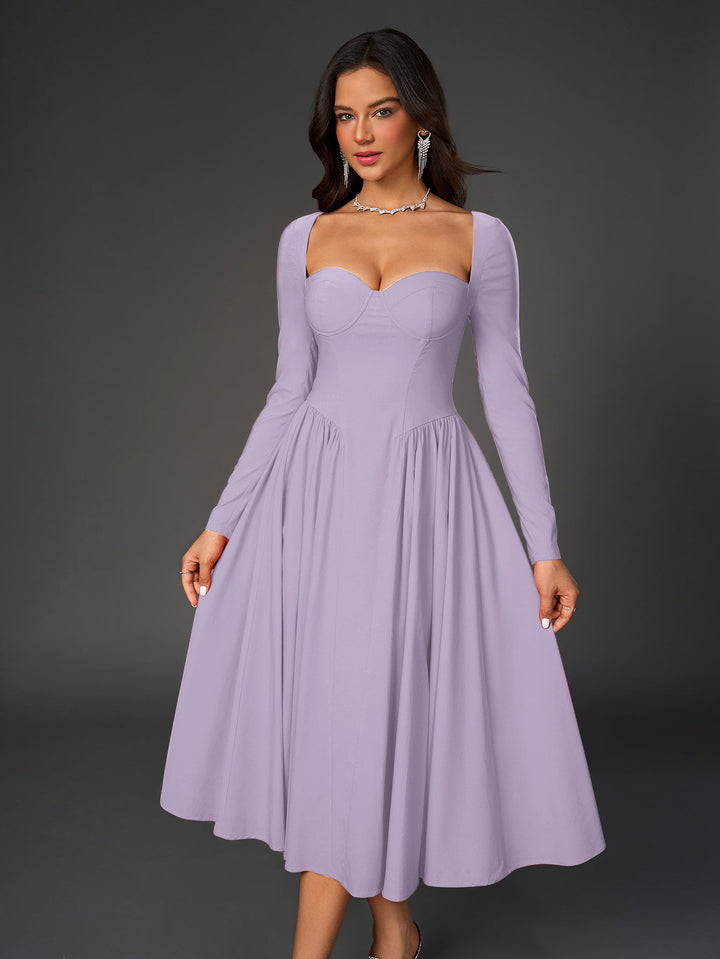 Estilo elegante: vestido línea A con mangas largas y lazo trasero, ideal para lucir.
