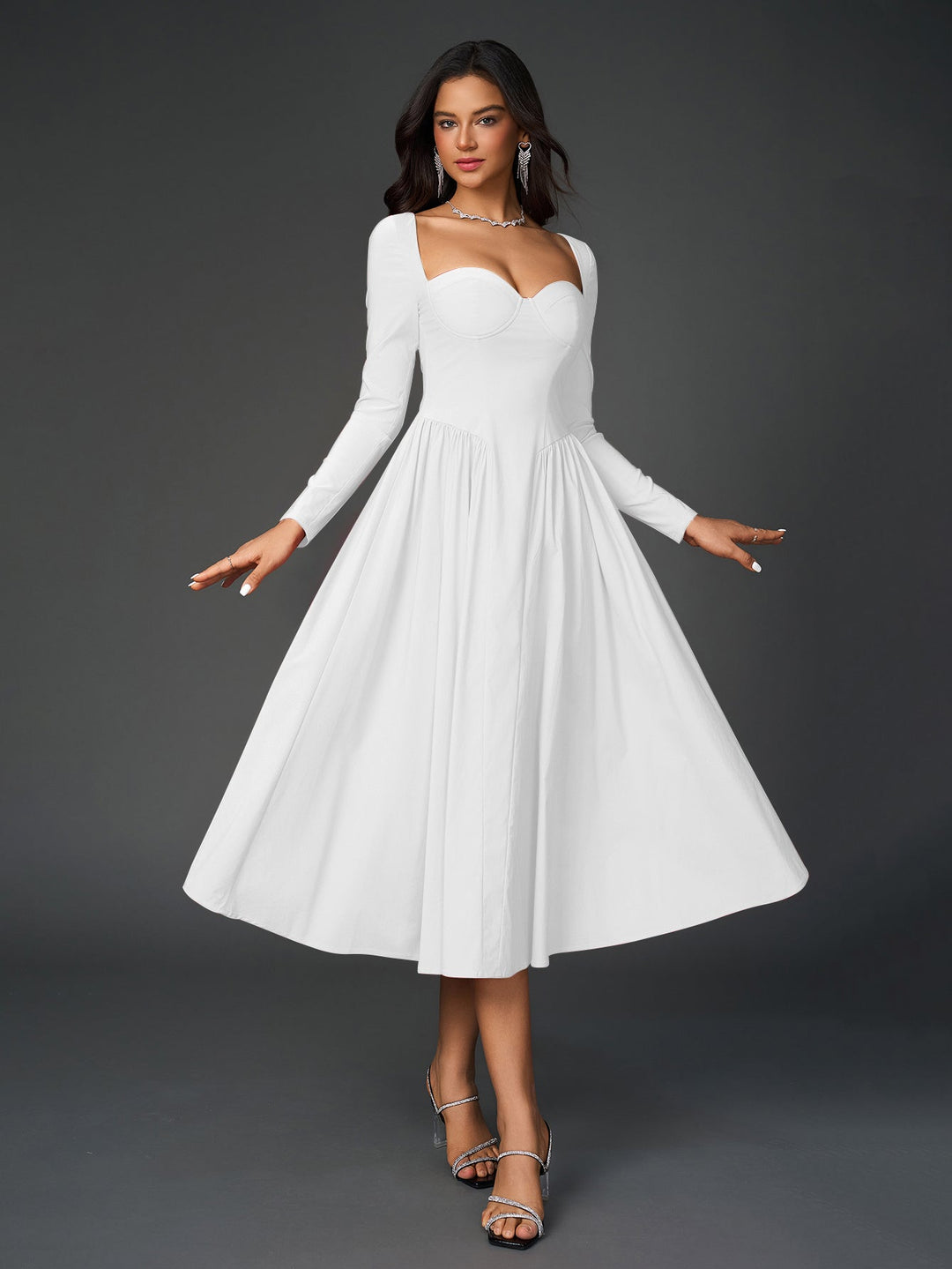 Vestido línea A para mujer, manga larga, lazo espalda. Elegante y versátil.