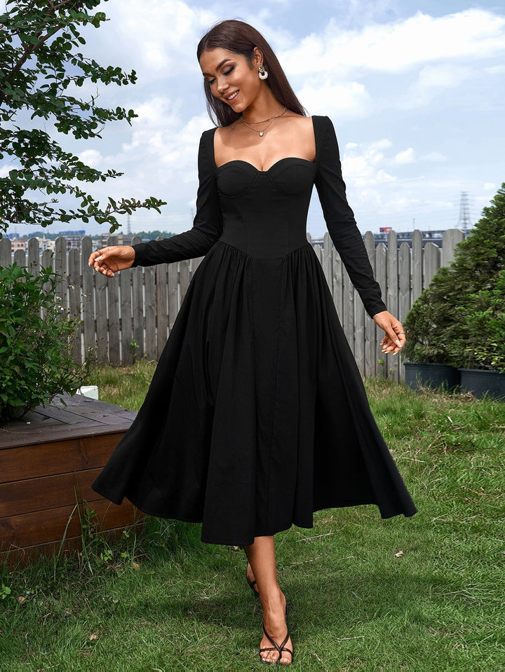 Vestido de línea A elegante, manga larga, lazo trasero. Ideal para cena o fiesta.