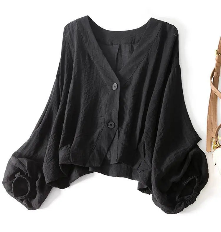 Blusa de mujer elegante para primavera/verano, con volantes, cuello V y manga larga. Ropa mujer chic.