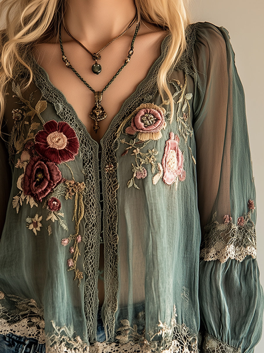 Blusa verde floral de manga larga para mujer. Estilo casual chic, perfecta para un outfit de día o noche.