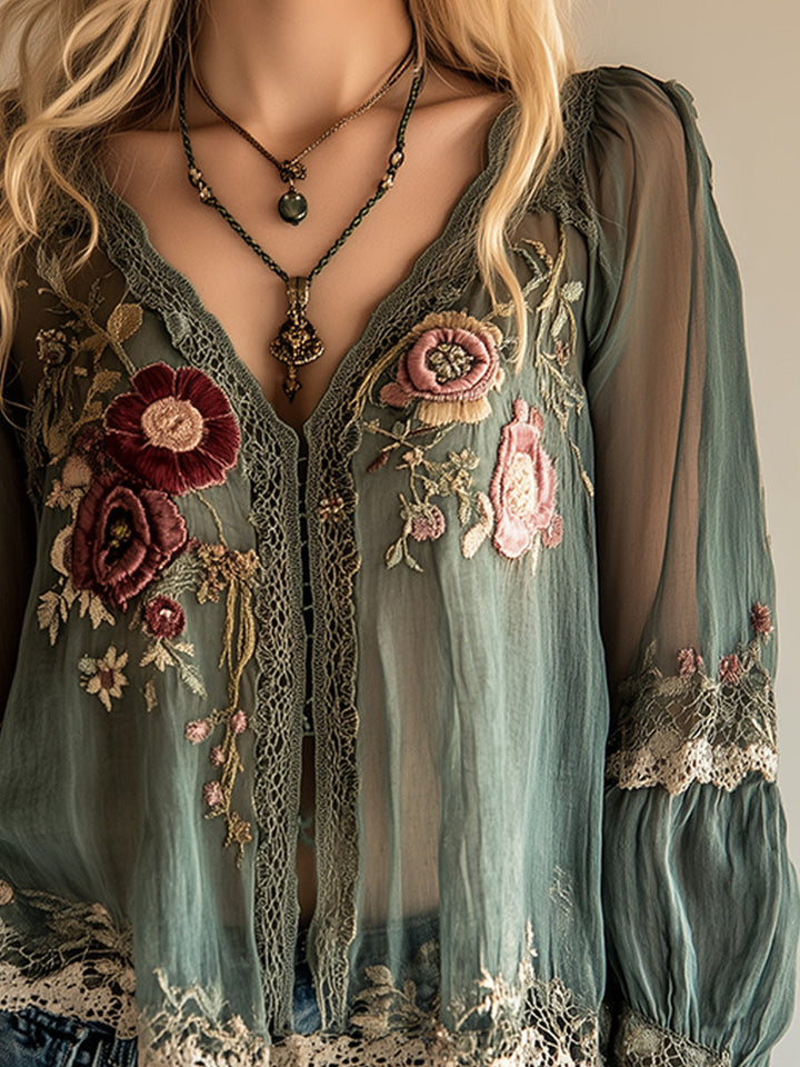 Blusa verde floral de manga larga para mujer. Estilo casual chic, perfecta para un outfit de día o noche.