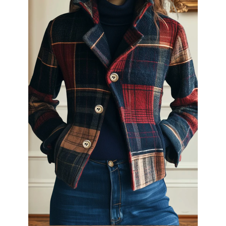 Chaqueta de mujer casual de lana a cuadros para otoño/invierno con botones dorados. Estilo elegante y cálido.