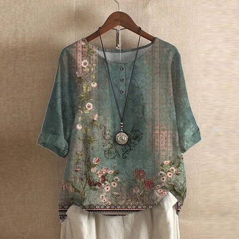Blusa floral vintage para mujer con ajuste relajado de algodón. Estilo retro elegante para primavera/verano.