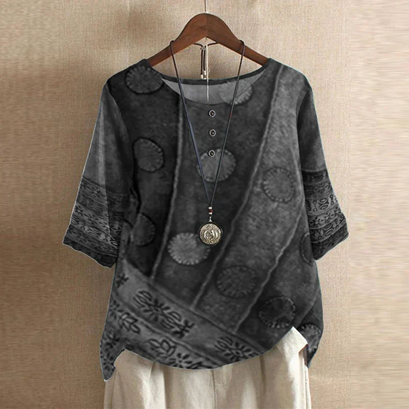 Blusa casual floral de mujer, ajuste relajado de algodón. Ideal para comodidad y estilo en primavera/verano.