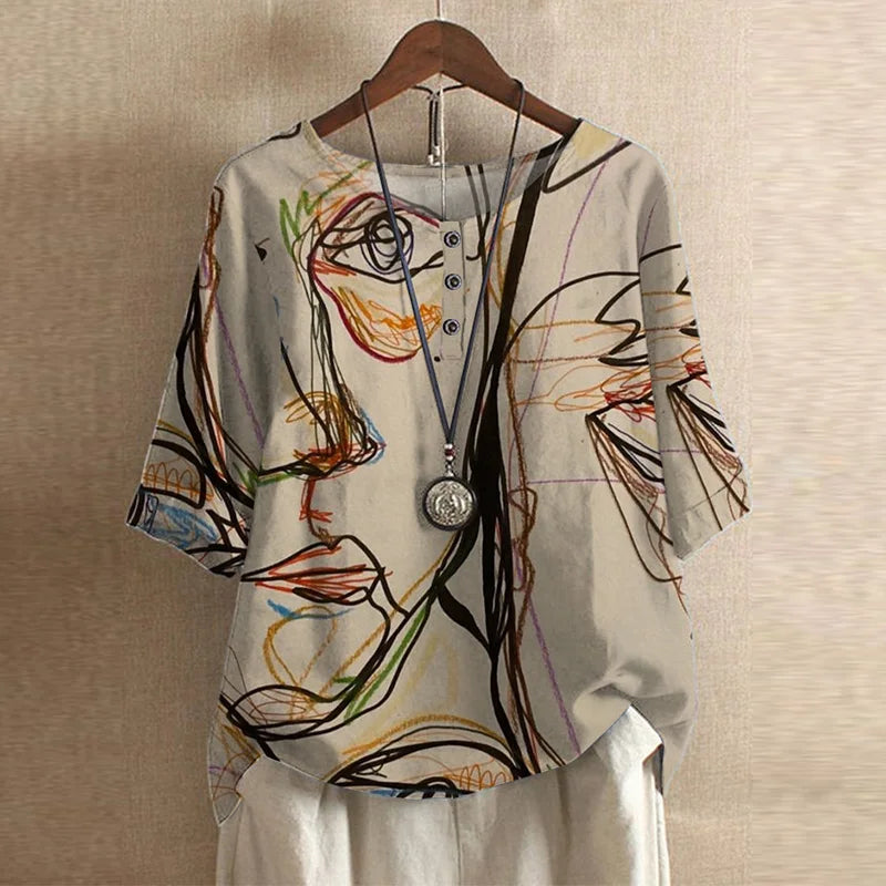 Blusa de primavera floral vintage para mujer, ajuste relajado. Comodidad y estilo casual para el buen tiempo.