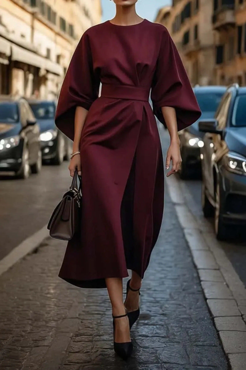 Precioso vestido midi de moda para mujer, estilo sofisticado con mangas anchas.