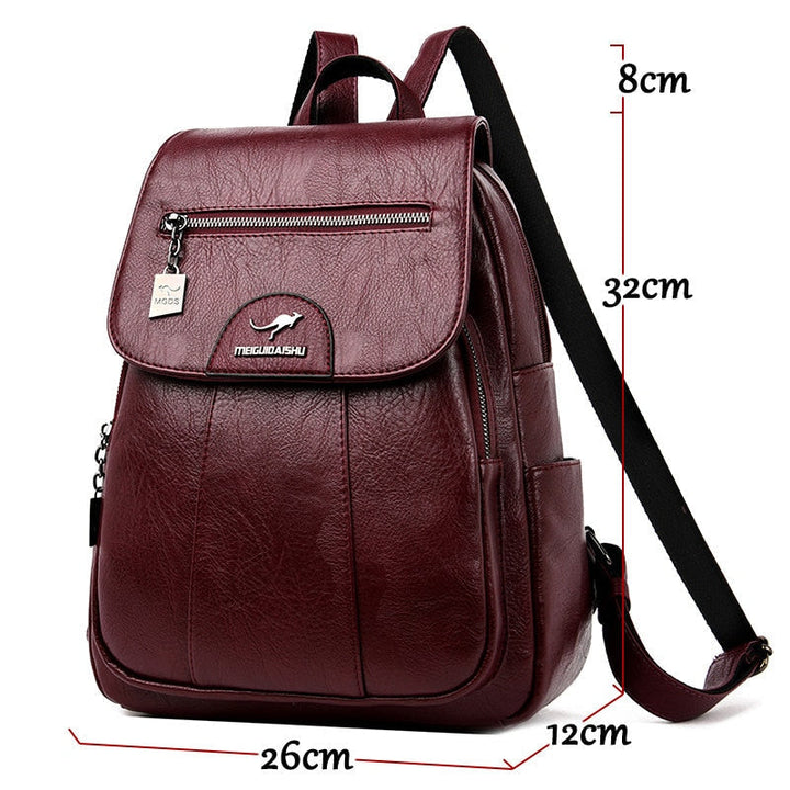 Mochila de cuero para viaje mujer, elegante y segura, con compartimentos para organización, estilo premium y casual.