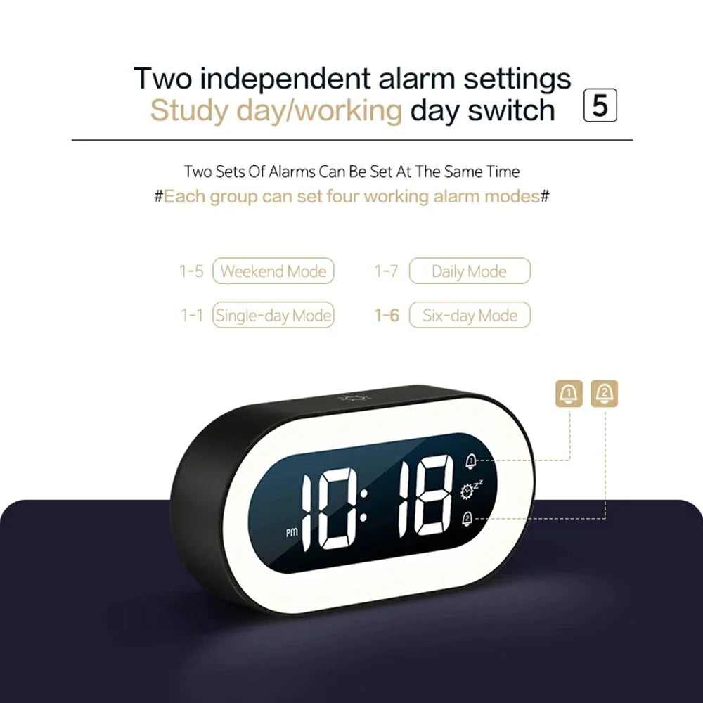 Reloj de ambiente moderno, despertador digital en color negro para dormitorio o cualquier espacio del hogar.