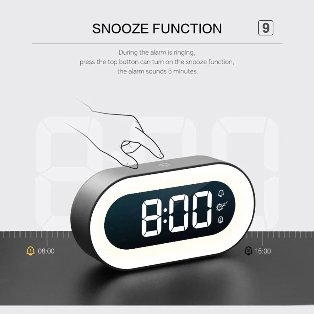 Despertador con luz suave, sonidos naturales y pantalla digital. Perfecto para un despertar tranquilo en el hogar.