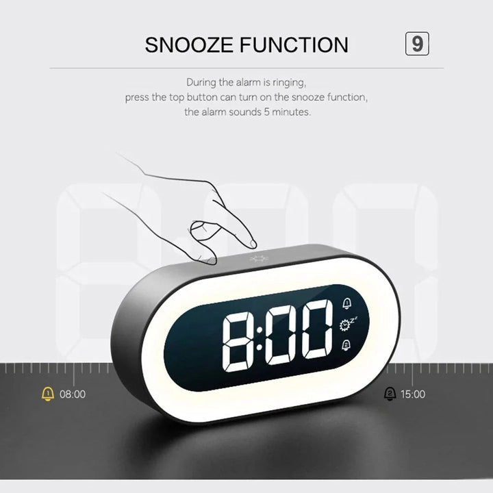 Despertador con luz suave, sonidos naturales y pantalla digital. Perfecto para un despertar tranquilo en el hogar.