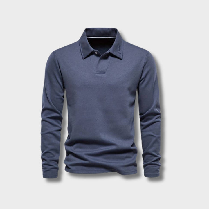Polo de manga larga para hombre, azul marino. Estilo clásico y elegante casual, ideal para confort diario en moda masculina.