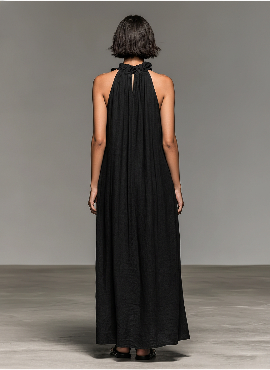 Vestido maxi casual de verano para mujer, sin mangas, con volantes fluidos y bolsillos útiles.