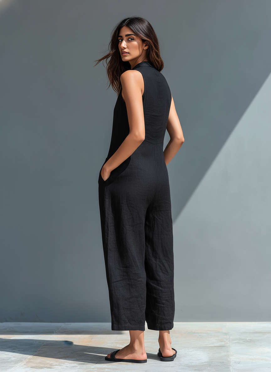Jumpsuit de lino fresco y holgado para mujer, cuello alto y sin mangas, perfecto para comodidad veraniega.