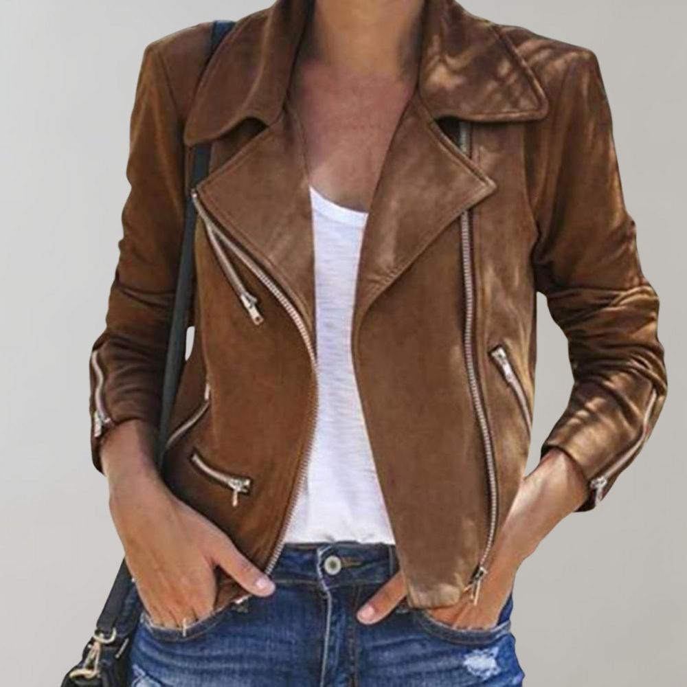 Chaqueta asimétrica moderna para mujer, estilo elegante y contemporáneo.