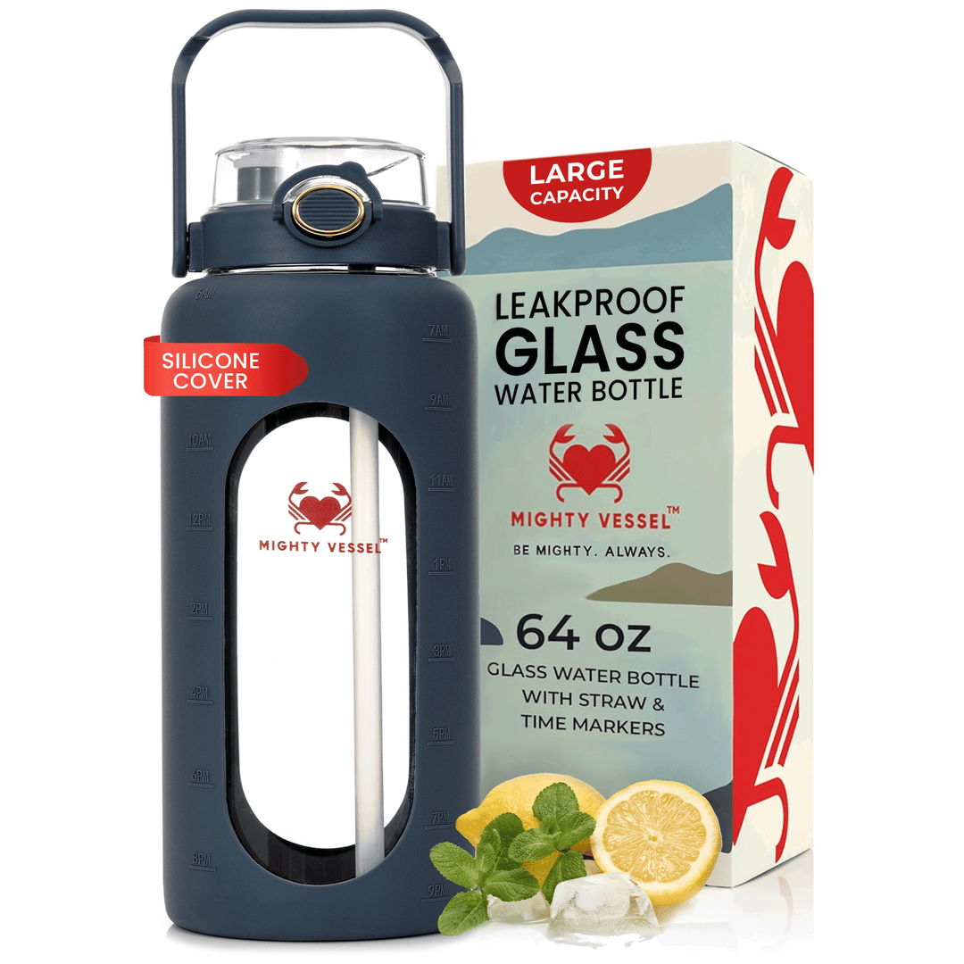 Botella de cristal grande 1.9L con funda de silicona, robusta para fitness y salud.