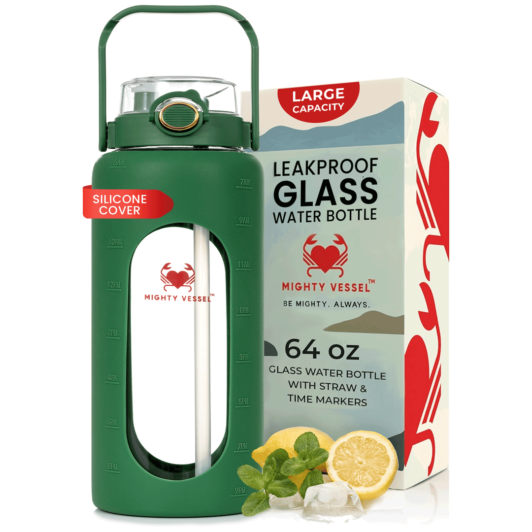 Botella de agua de cristal 1.9L con funda protectora de silicona, resistente, para deporte y bienestar.