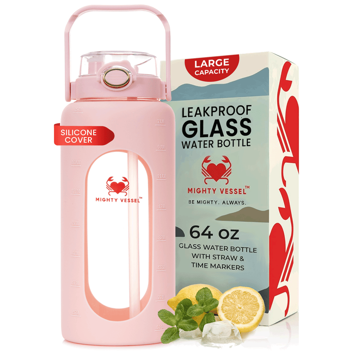Gran botella de agua de cristal 1.9L, resistente a golpes, esencial para deporte y salud.