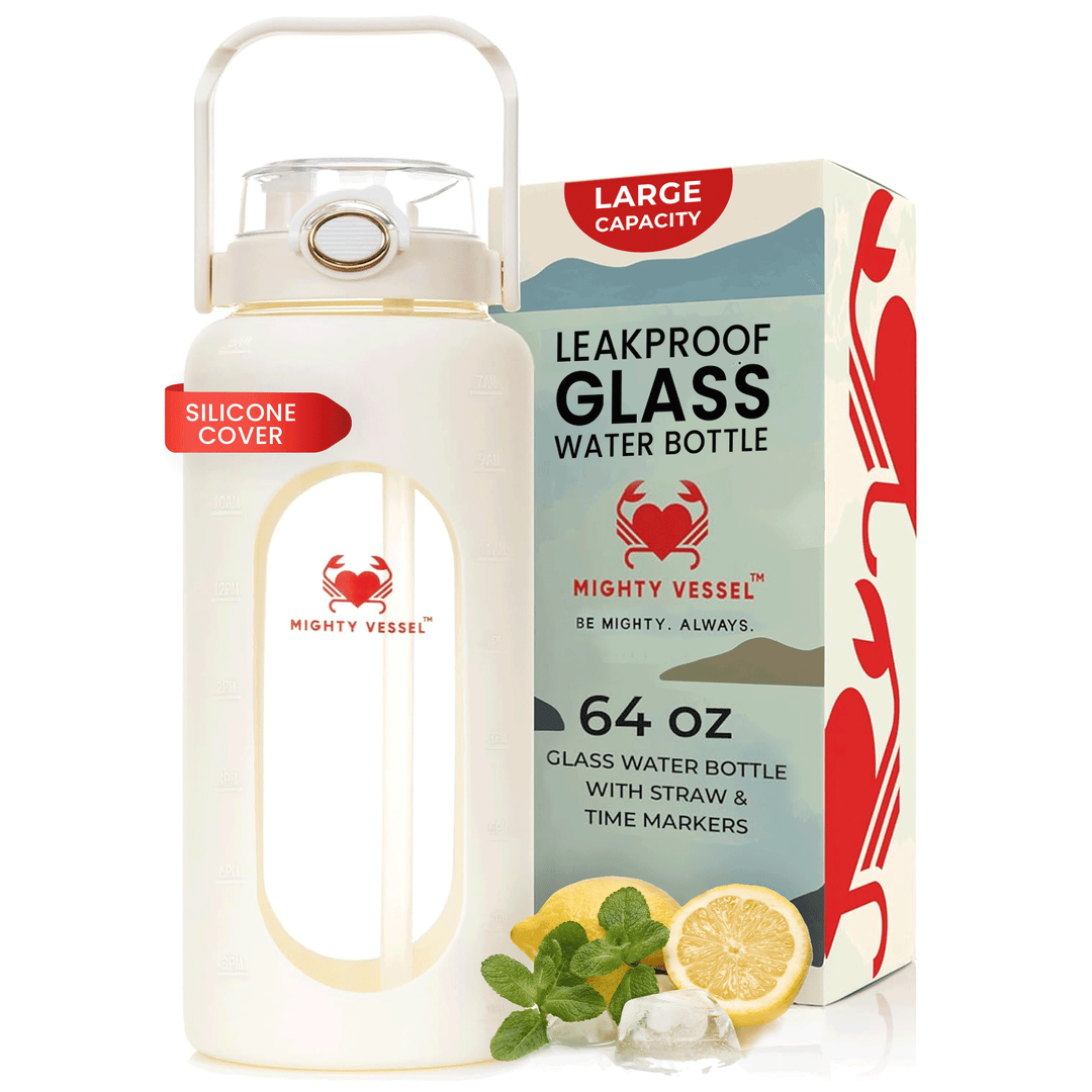 Botella de agua de cristal 1.9L, robusta y fácil de llevar para deporte y vida activa.