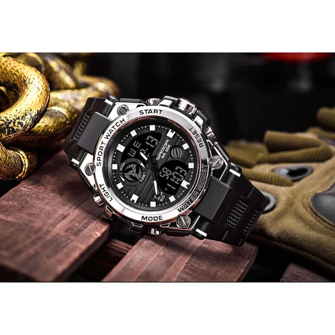 Reloj dual para hombre, ideal para deportes y aventura, con correa de silicona negra y resistencia.
