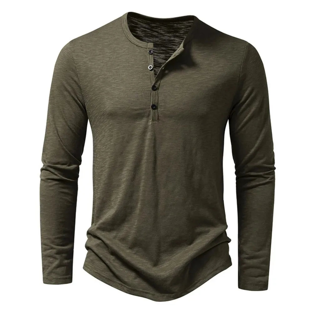 Camiseta de manga larga para hombre, escote con botones. Algodón transpirable y estilo casual versátil.