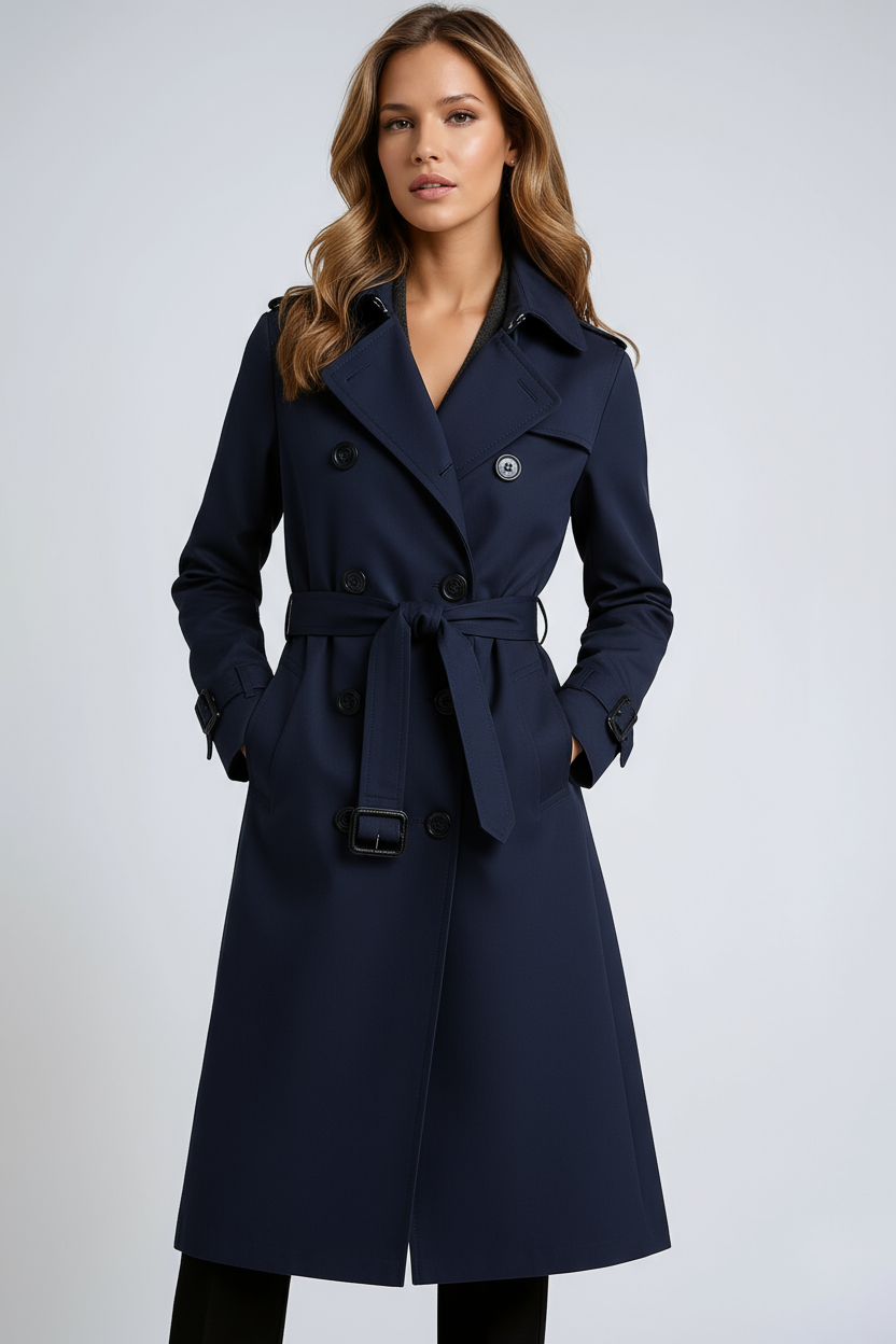 Espalda de gabardina clásica de mujer con pliegues y cinturón, chaqueta elegante ideal para cualquier estilo.