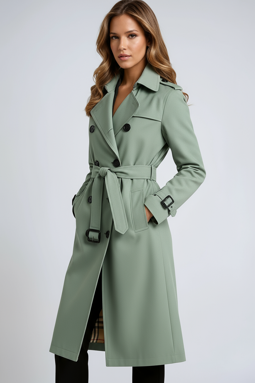 Gabardina clásica de mujer, prenda versátil y atemporal con cinturón, ideal como chaqueta o abrigo de entretiempo.