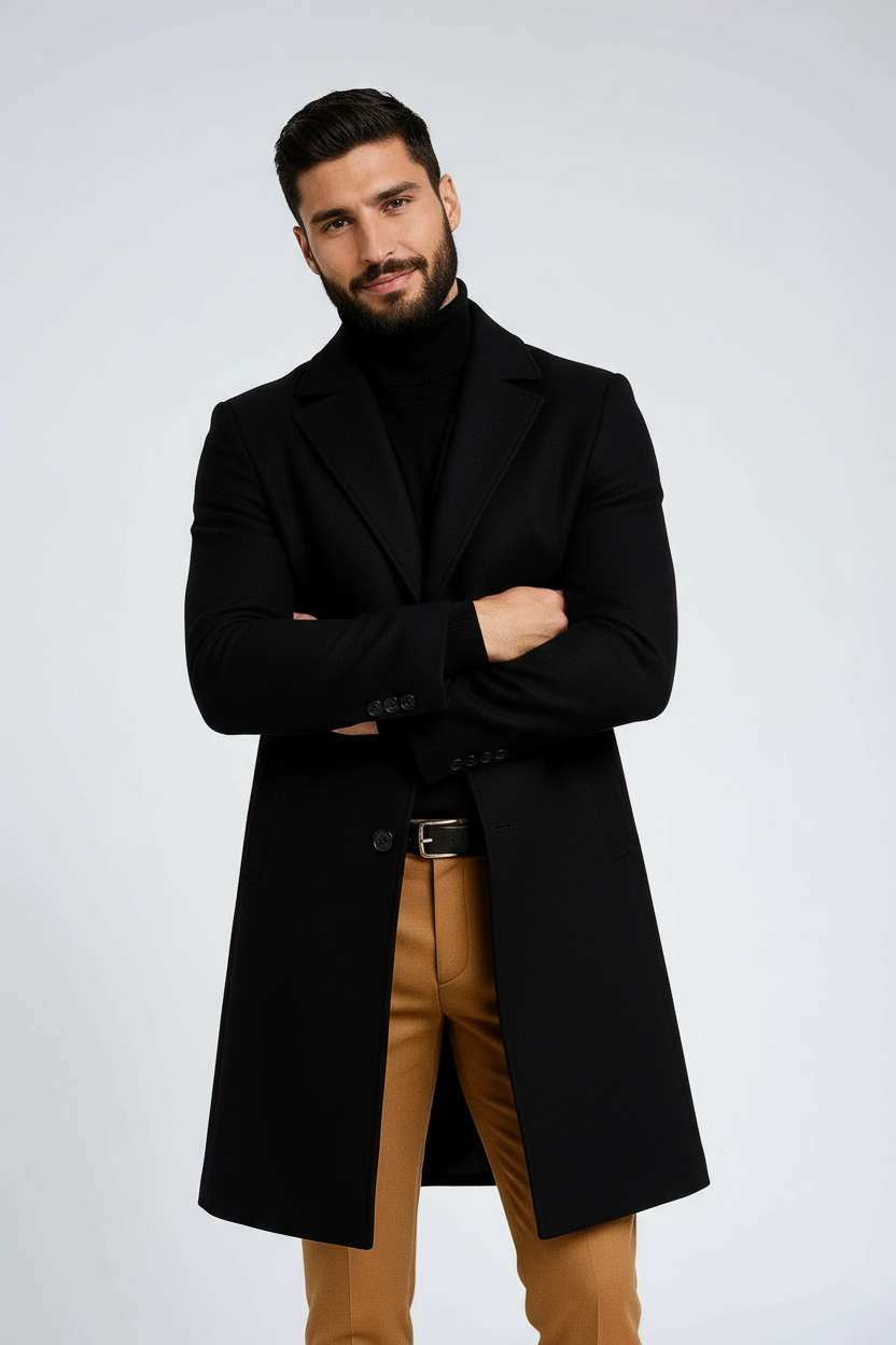 Abrigo de invierno para hombre, largo, con cierre de botones. Moda masculina elegante y cálida para el frío.