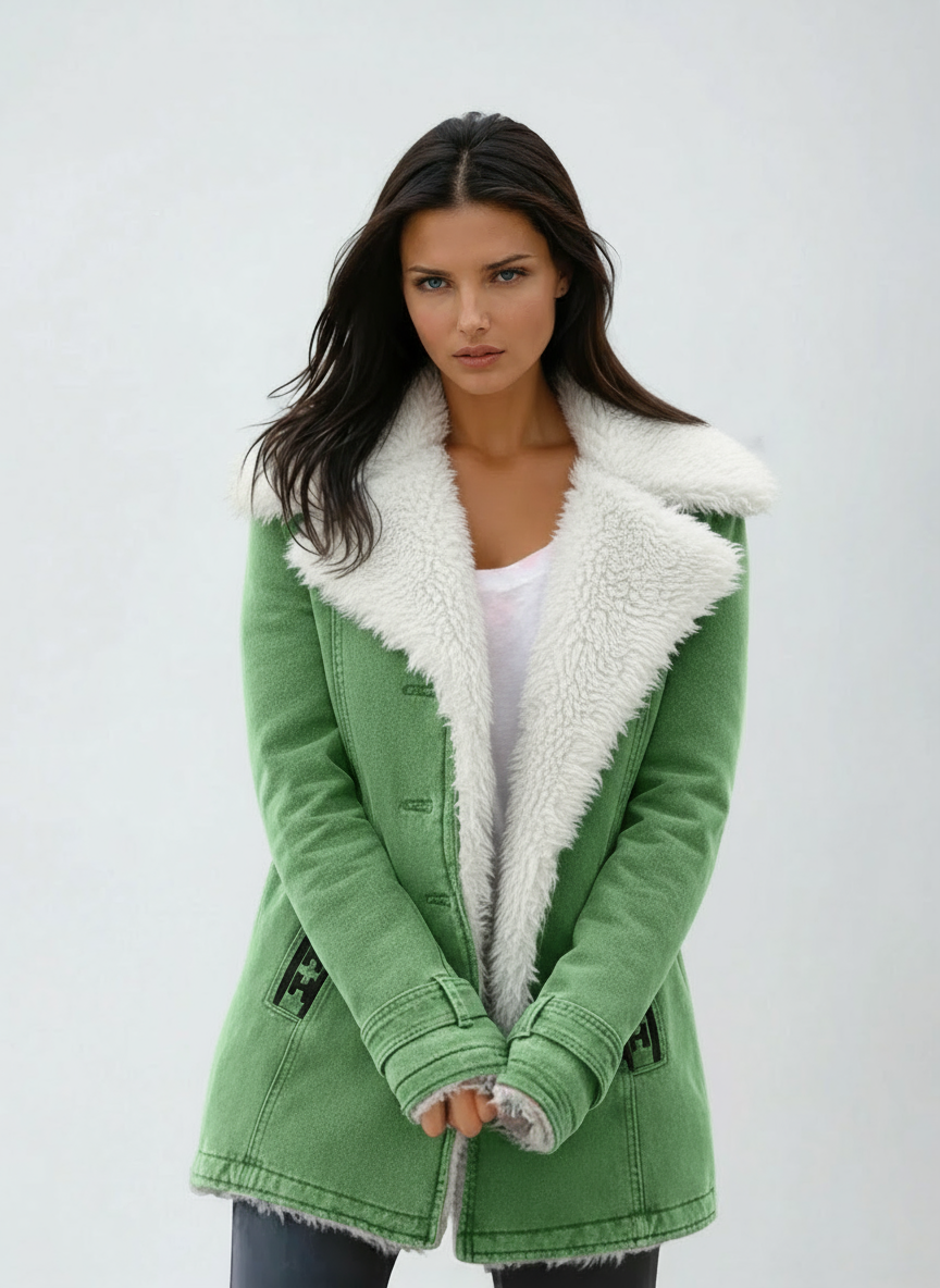Abrigo de invierno elegante para mujer. Chaqueta clásica cálida con cuello suave y cierre de botones.