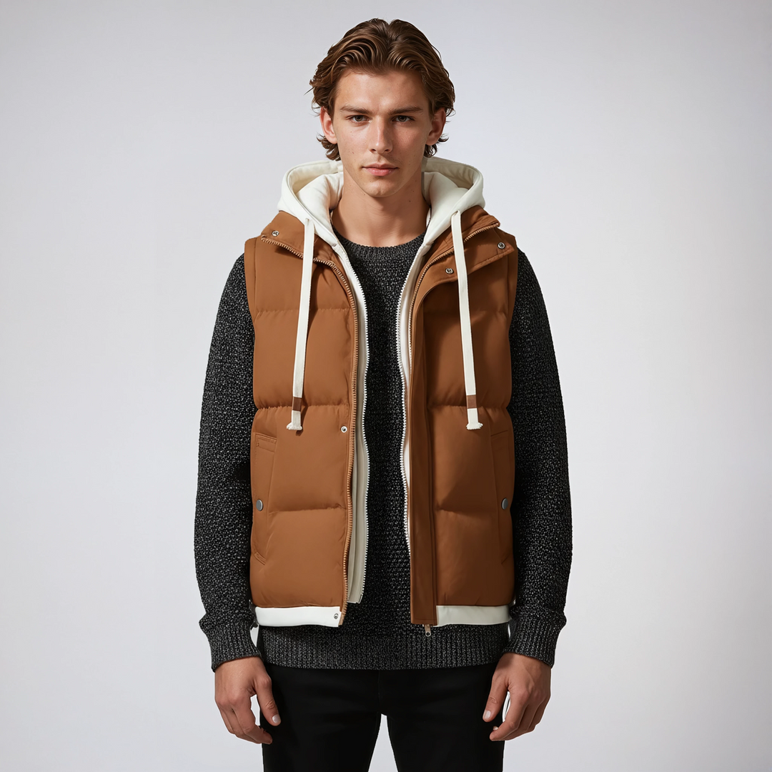 Chaleco puffer acolchado para hombre con capucha, ideal para moda urbana y casual.