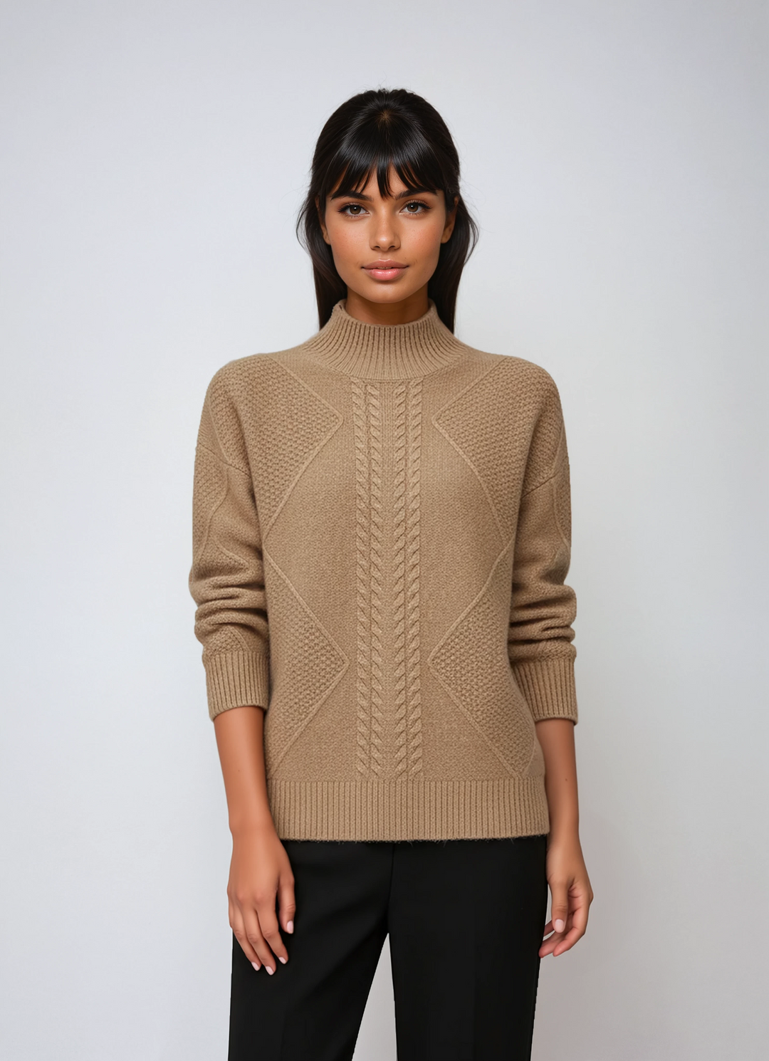 Jersey de mujer ELLARA cuello alto, punto suave con diseño de ochos. Moda invierno elegante y cálida.