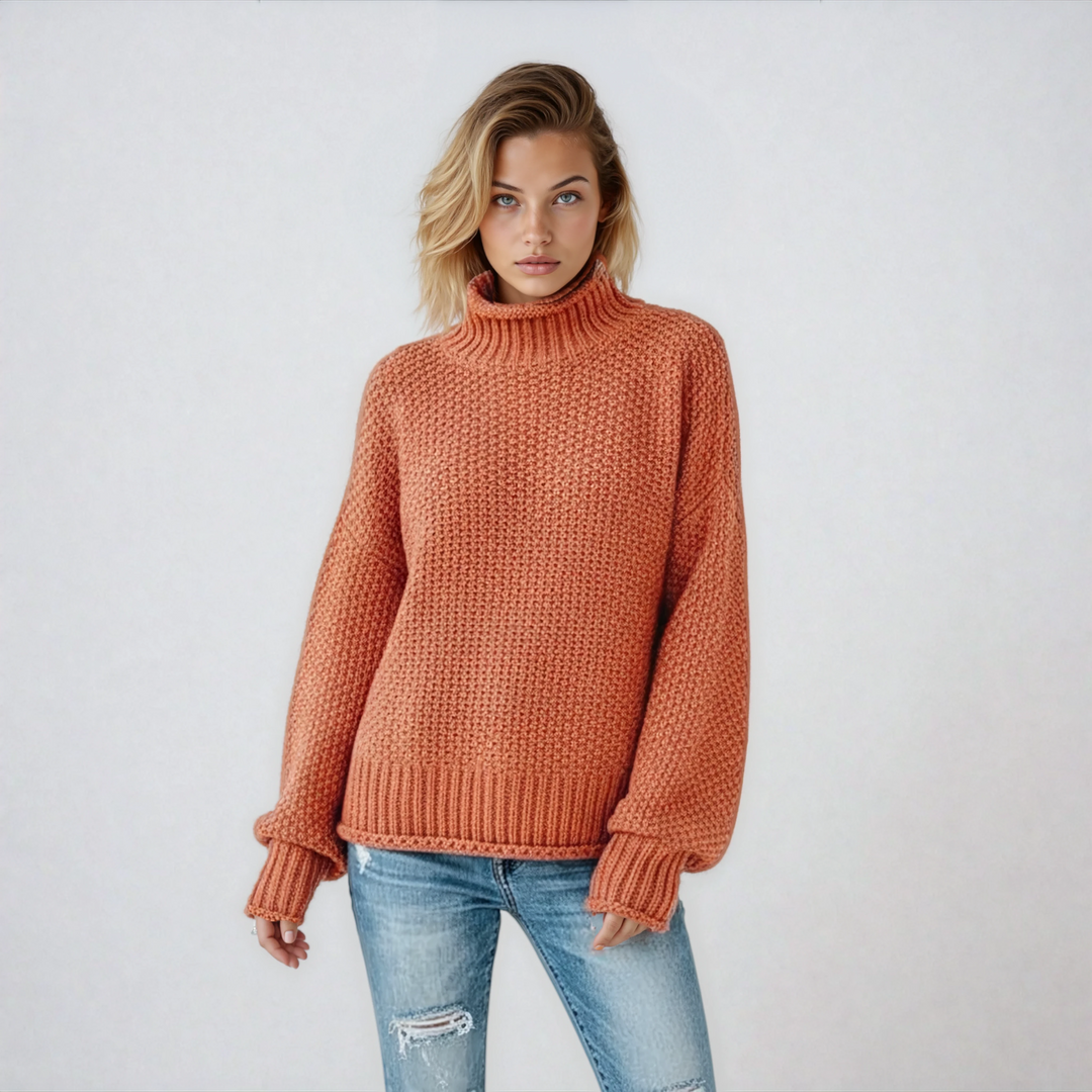 Jersey de mujer con cuello alto, cálido y elegante para invierno. Moda femenina casual de manga larga.