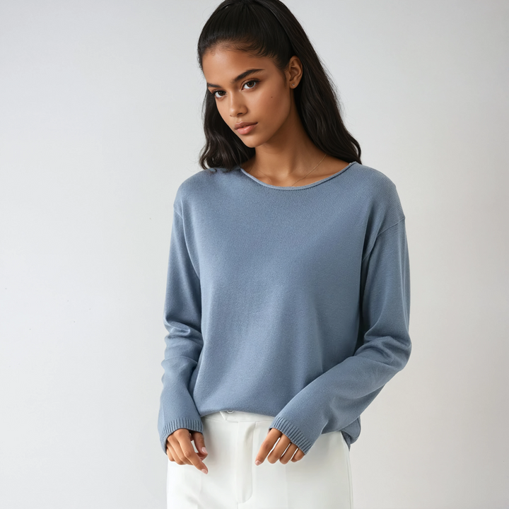 Jersey fino ELIANE de mujer, cuello redondo, manga larga. Ideal para un look elegante y versátil de moda femenina.