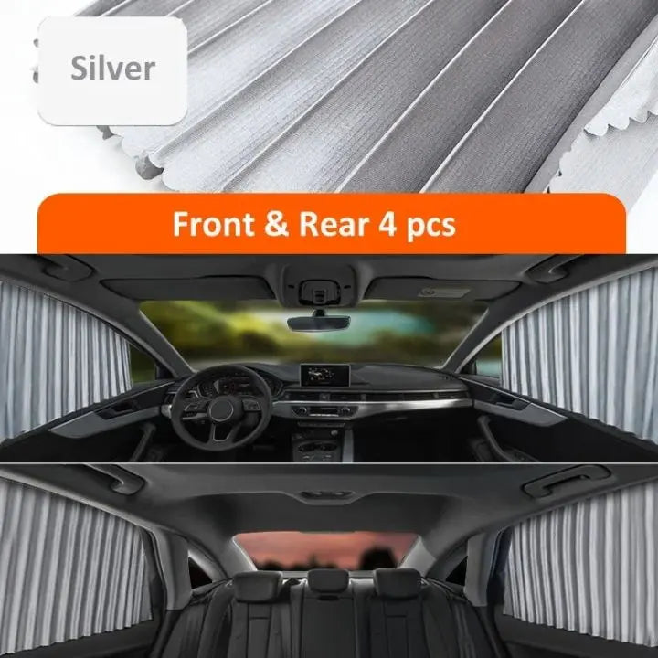 Interior de coche con parasol magnético instalado. Confort y protección anti-UV en todo momento.