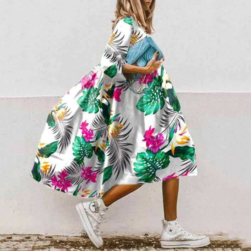 Moda femenina: Vestido midi holgado bohemio con mangas abullonadas. Estilo elegante y casual para verano.
