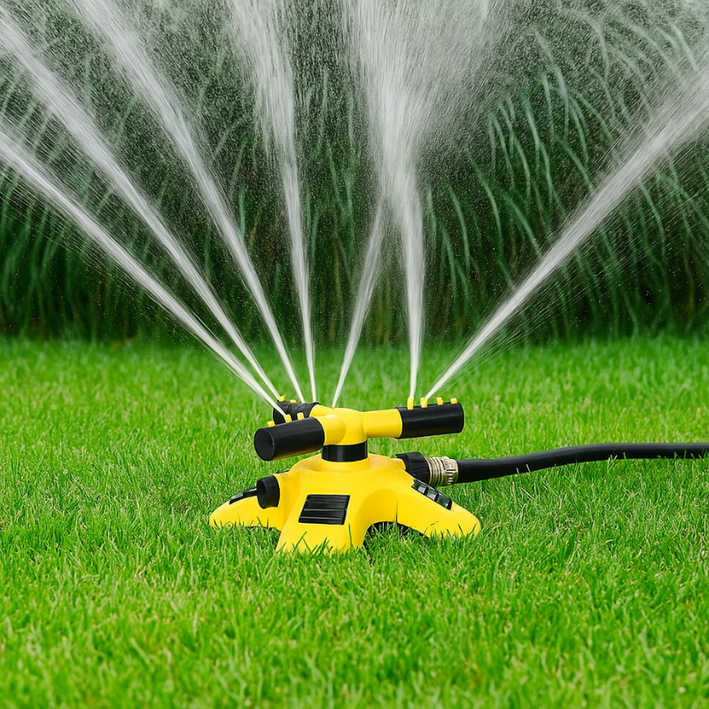 Aspersor de césped rotativo 360° para riego uniforme, ideal para jardín y mantenimiento de zonas verdes.
