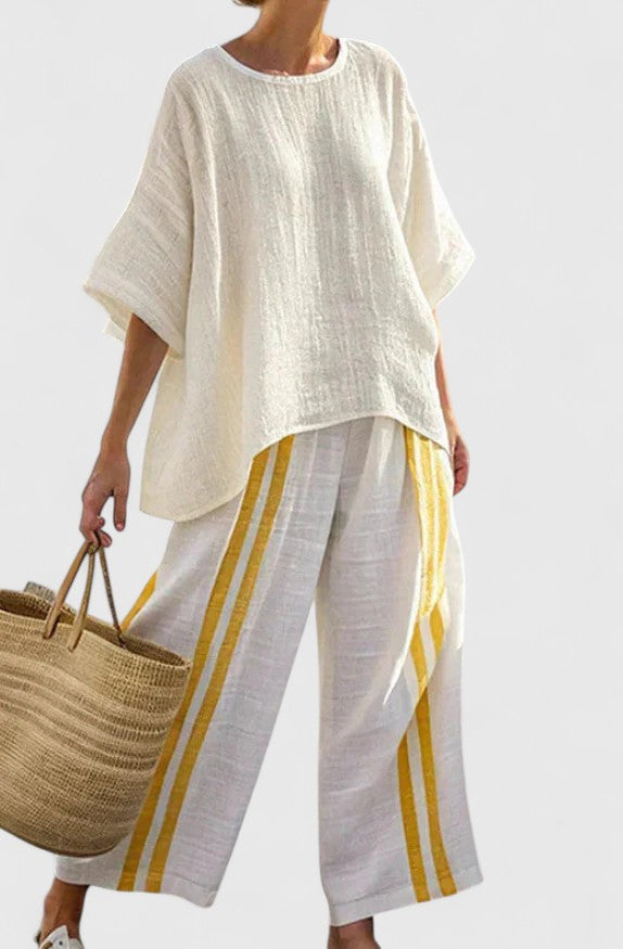 Modelo vistiendo conjunto dos piezas para mujer, cómodo, elegante y perfecto para el verano casual.