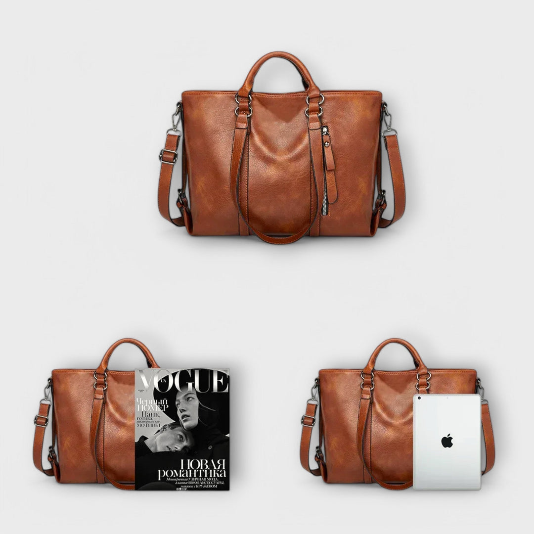 Detalle del bolso tote de mujer en piel sintética, costuras finas y diseño minimalista. Elegancia en cada detalle.