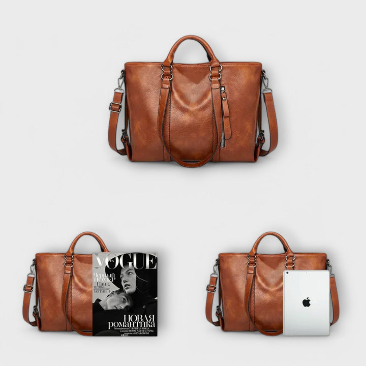 Detalle del bolso tote de mujer en piel sintética, costuras finas y diseño minimalista. Elegancia en cada detalle.