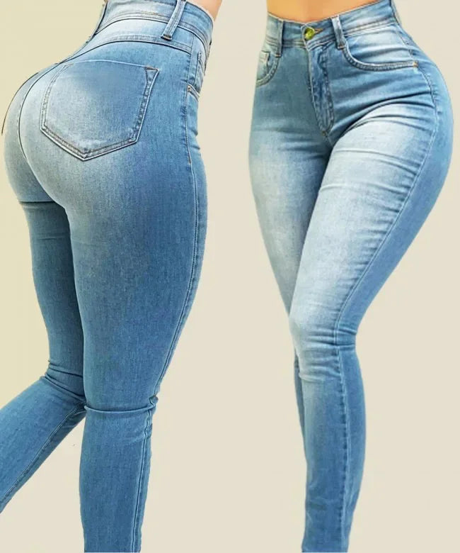 Moda mujer: vaqueros pitillo azules de talle alto. Pantalones denim modernos con cinco bolsillos, perfectos para tu estilo.