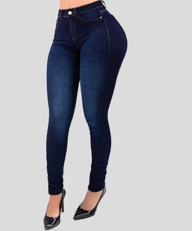 Vaqueros pitillo de talle alto para mujer, estilo casual. Denim azul con cinco bolsillos, moda actual.