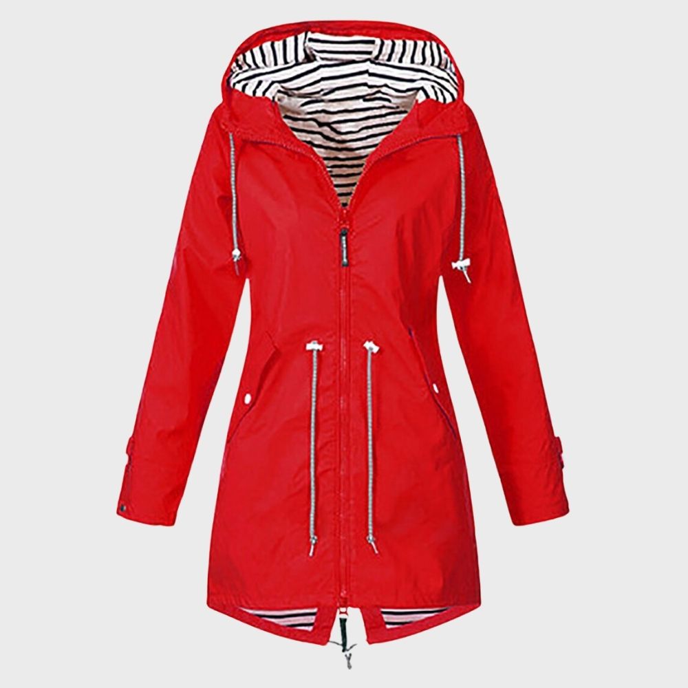 Chaqueta impermeable moderna para mujer, estilo urbano, perfecta para lluvia.