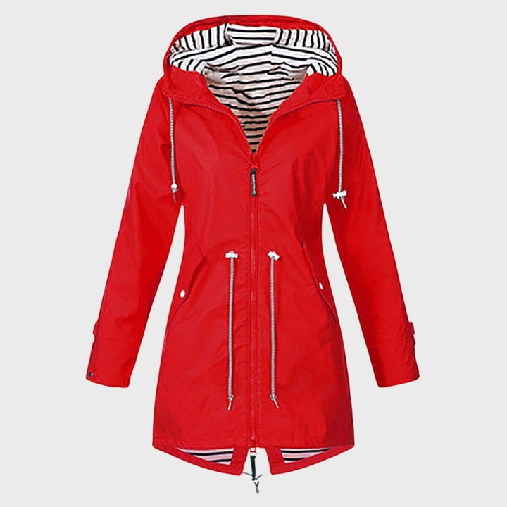 Chaqueta impermeable moderna para mujer, estilo urbano, perfecta para lluvia.