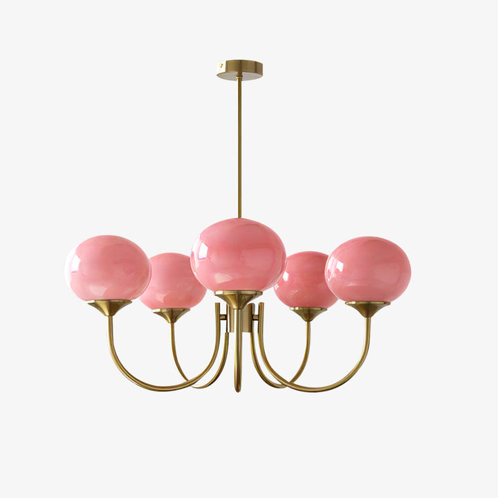 Lámpara de techo moderna Alora Marshmallow, con cristal rosa y acabados dorados.