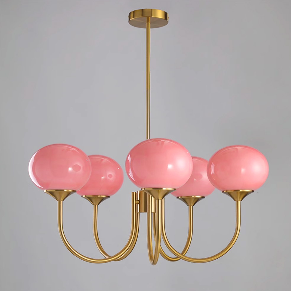 Lámpara Alora Marshmallow para iluminación decorativa, cristal rosa y dorado.