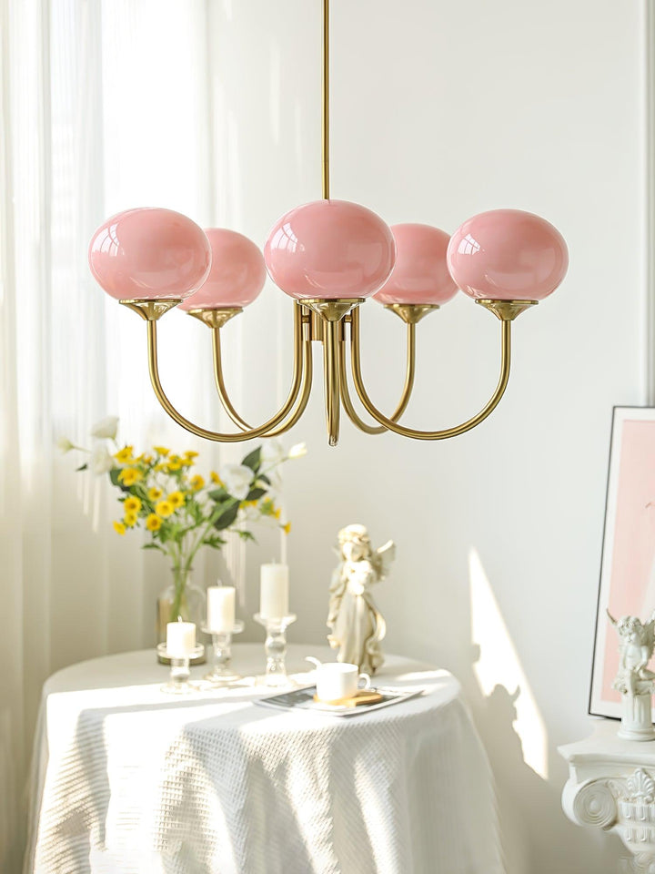 Lámpara colgante moderna Alora Marshmallow para dormitorio, cristal rosa y dorado.