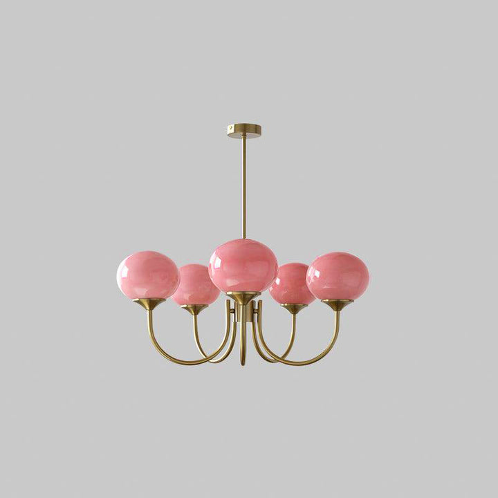 Araña de techo Alora Marshmallow, una fusión de lujo y modernidad, cristal rosa y dorado.