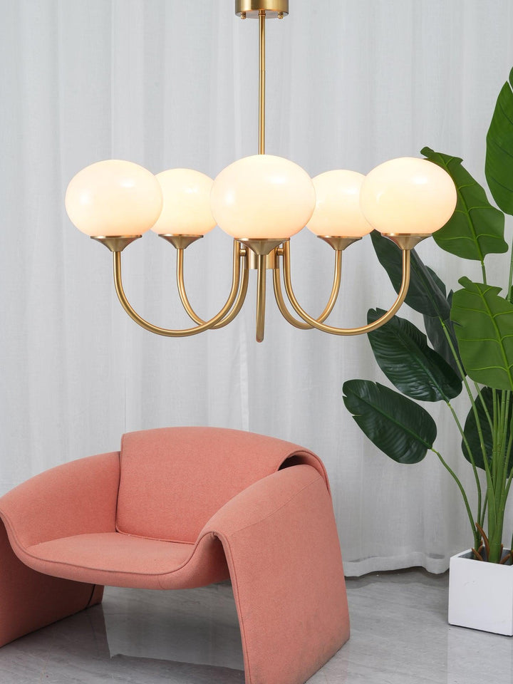 Decoración de hogar: araña Alora Marshmallow para comedor, cristal rosa y dorado.