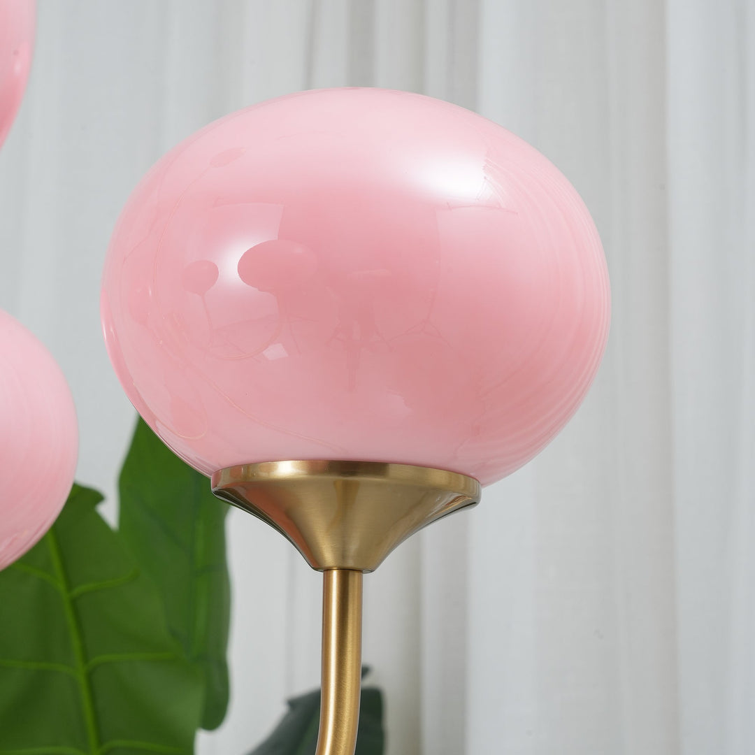 Iluminación de interiores con araña de techo Alora Marshmallow, cristal rosa y dorado.