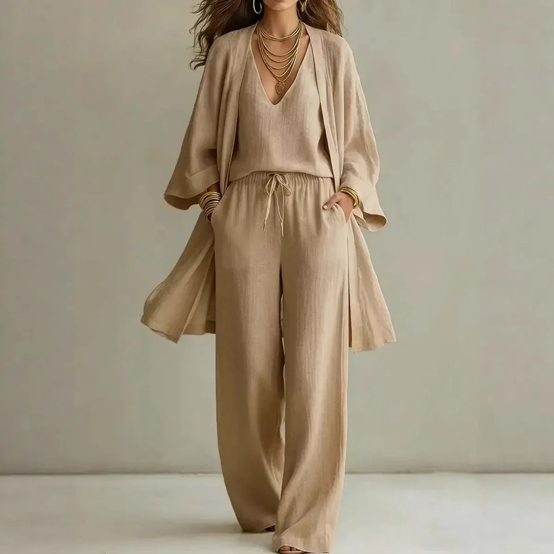 Conjunto casual de mujer: cárdigan de manga larga y pantalón ancho, perfecto para un outfit cómodo de primavera/verano.